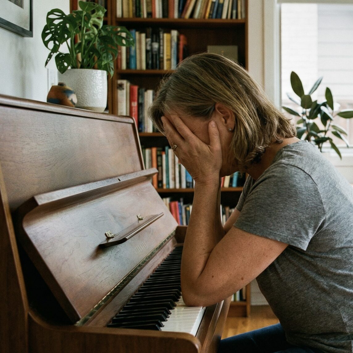 Frustrated adult at piano