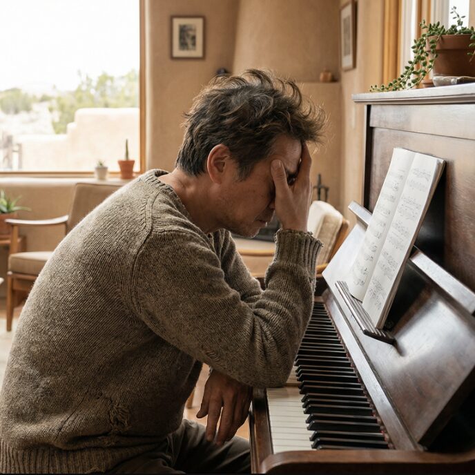 Frustrated adult at the piano before Ladder
