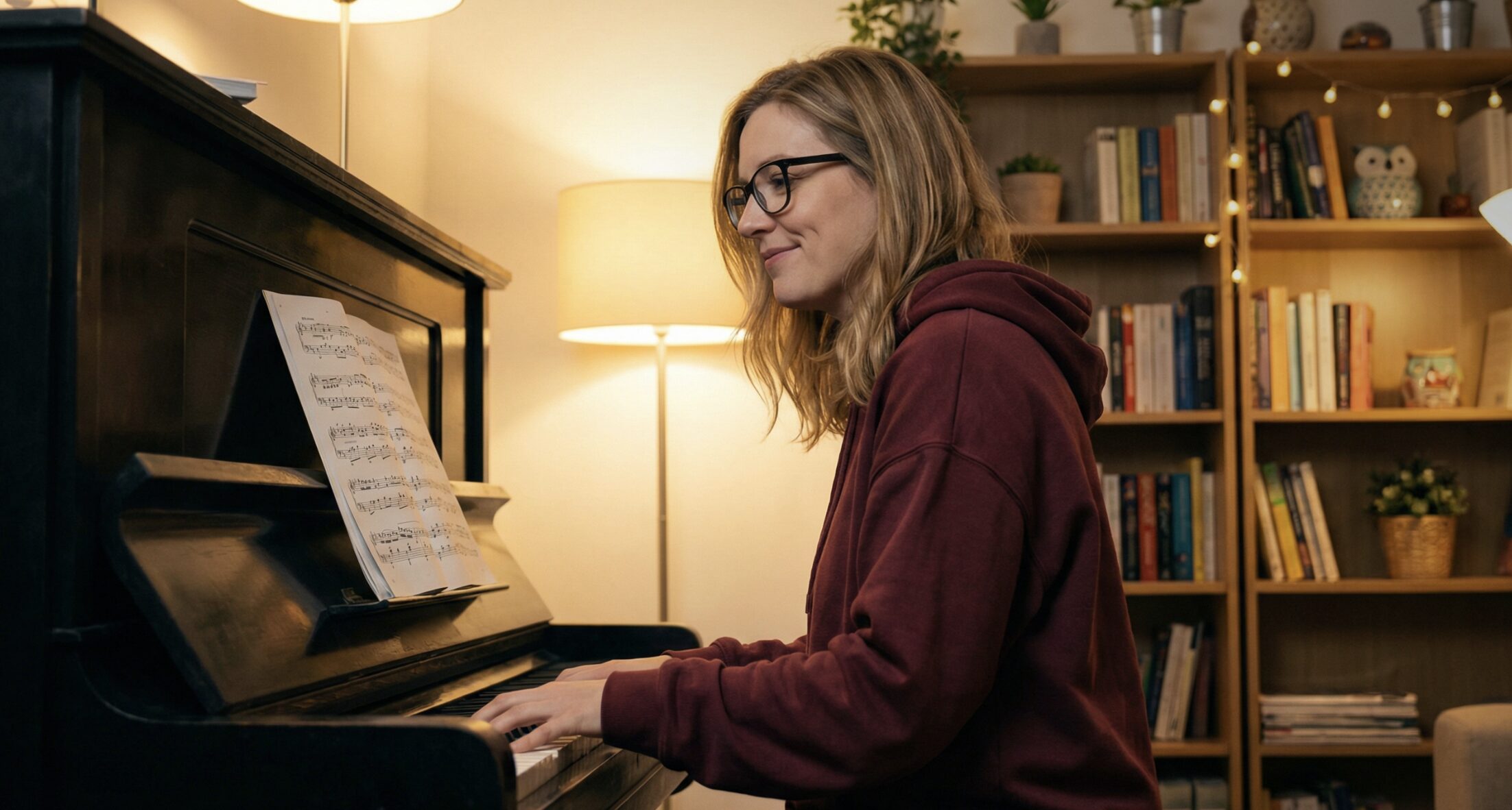 Happy adult at the piano after Ladder